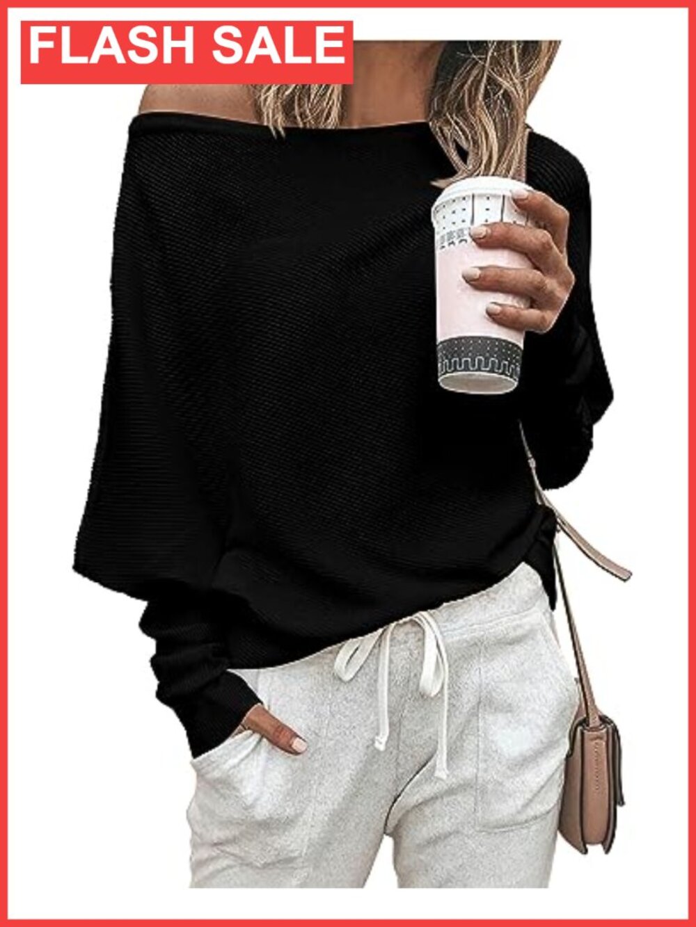 Off The Shoulder Sweater Knit Pullover Top Batwing Long Sleeve Loose Fit